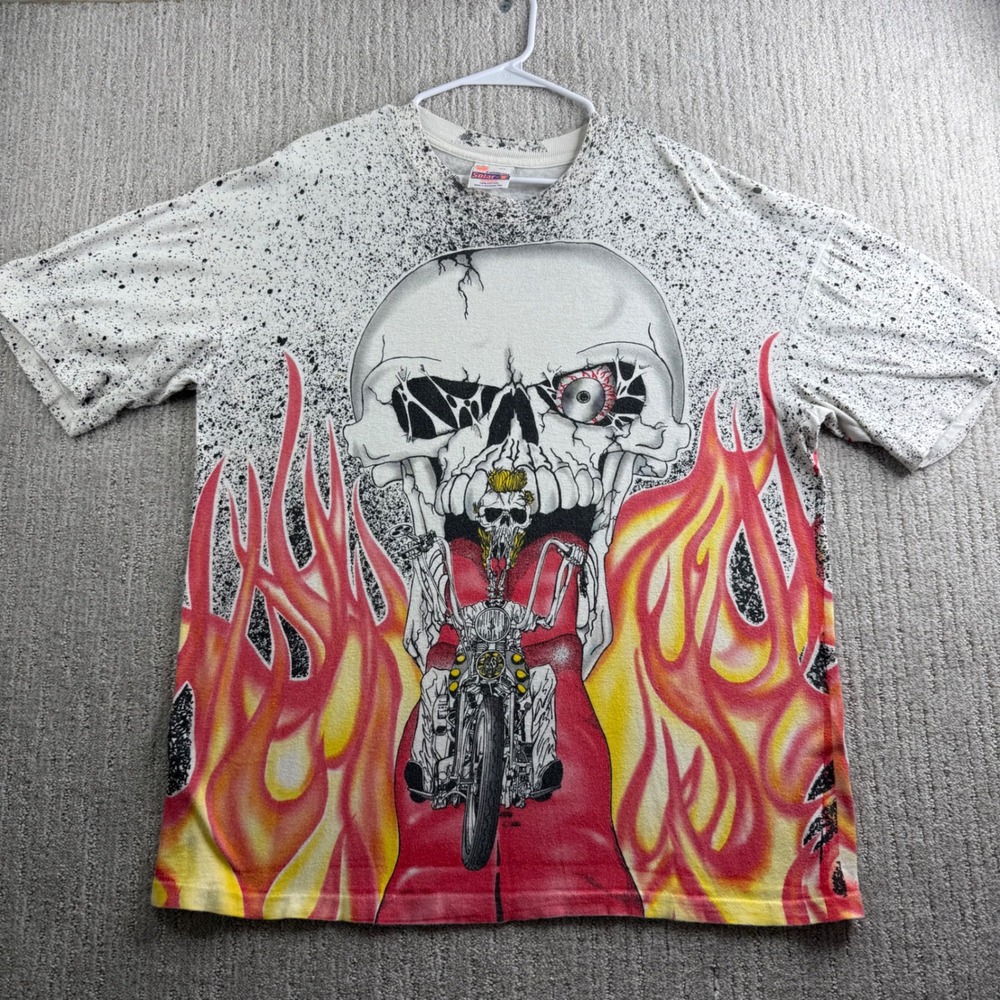 Vintage California Solar-T Skull Biker All Over Print Shirt Mens XL White